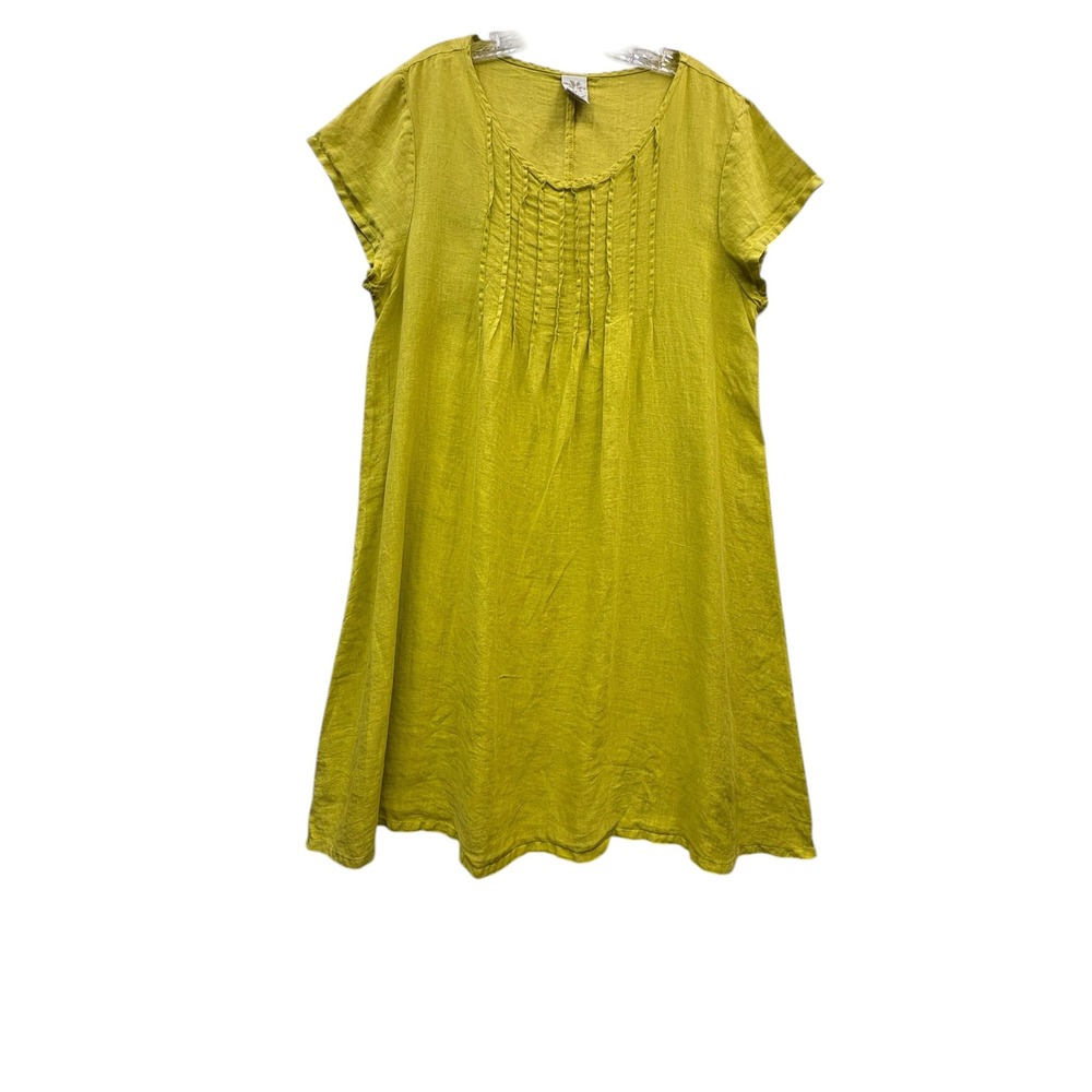 Match Point Yellow Linen Tunic Dress Pleated Minimalist Lagenlook Boho L